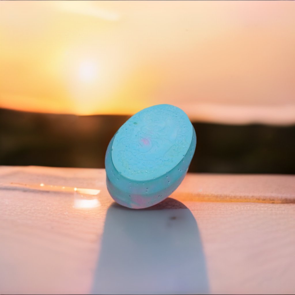 a blue soap sitting on top of a wooden table