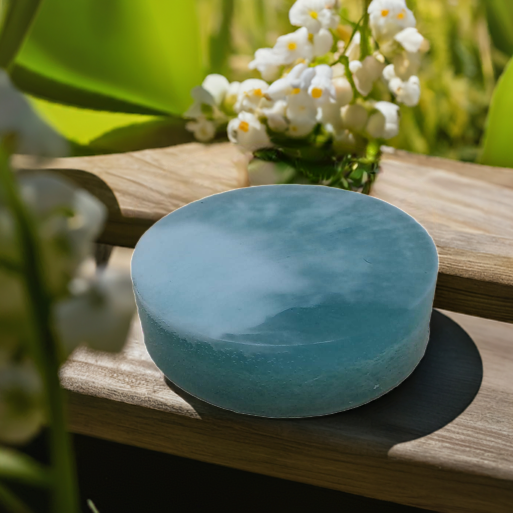 a blue soap sitting on top of a wooden bench