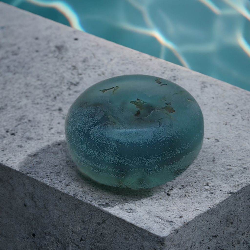 a round object sitting on top of a cement block next to a swimming pool