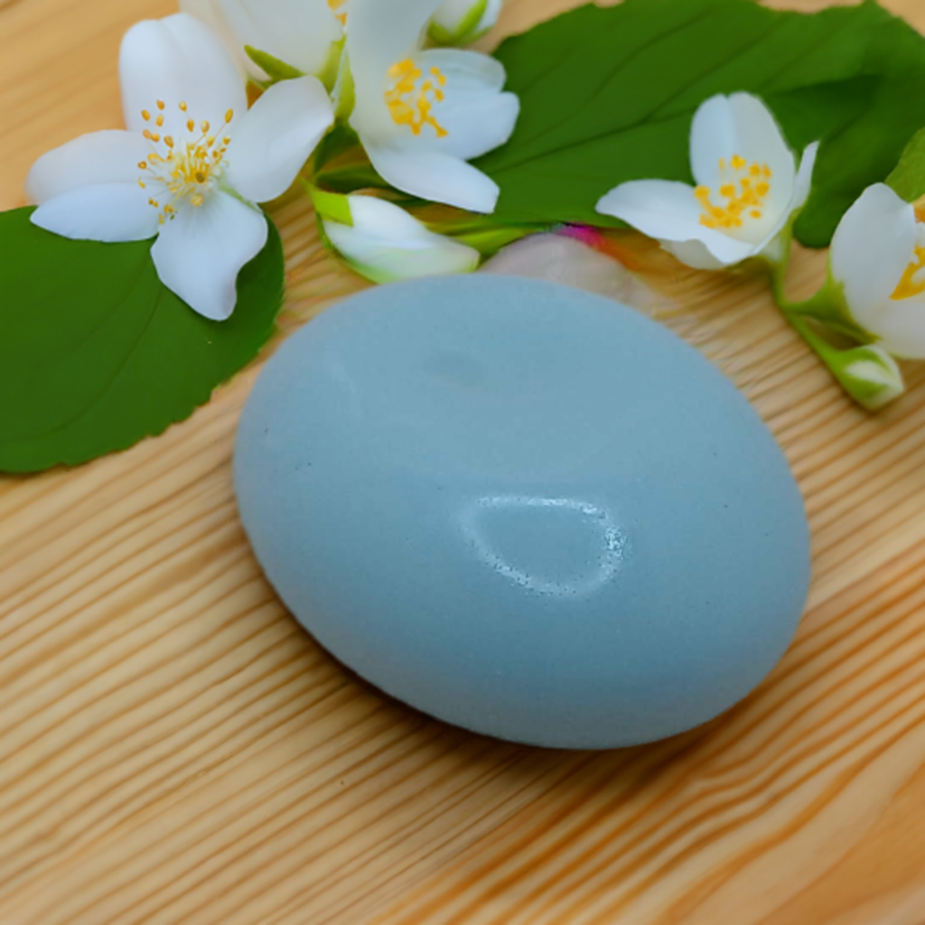 a blue soap sitting on top of a wooden table